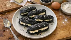 Schwarze-Sesam-Eclairs: knuspriger Brandteig trifft auf feine Vanillecrème