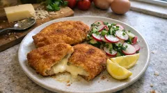 Bloderkäse-Schnitzel mit Radieschen-Salat: knusprig, frisch und schnell gemacht