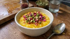 Sholeh Zard: persischer Safran-Reispudding mit Rosenwasser und Pistazien