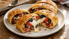 Stromboli aus dem Ofen: knusprige Pizzarolle mit Mozzarella, Oliven & Peperoni